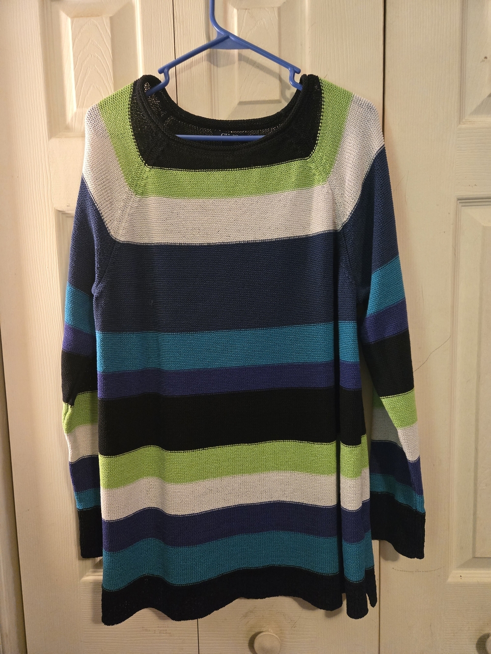 Chaps Striped Scoop Neck Sweater in Blue, Green, Teal, Black, White